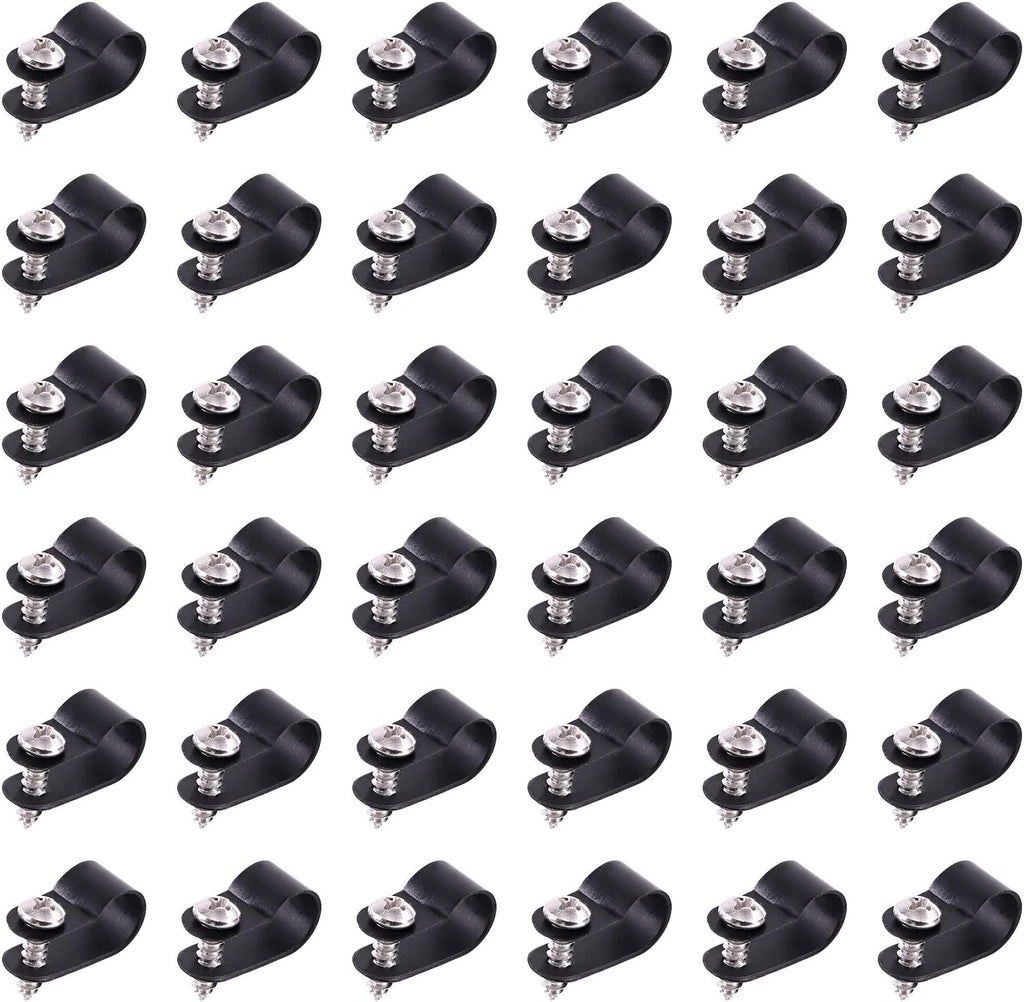 Swpeet 60 Pack Black 3/8 Inch Nylon Plastic R-Type Cable Clips Clamp Kit, Nylon Screw Mounting Cord Fastener Clips with 60 Pack Screws for Wire Management (3/8 Inch, Black)