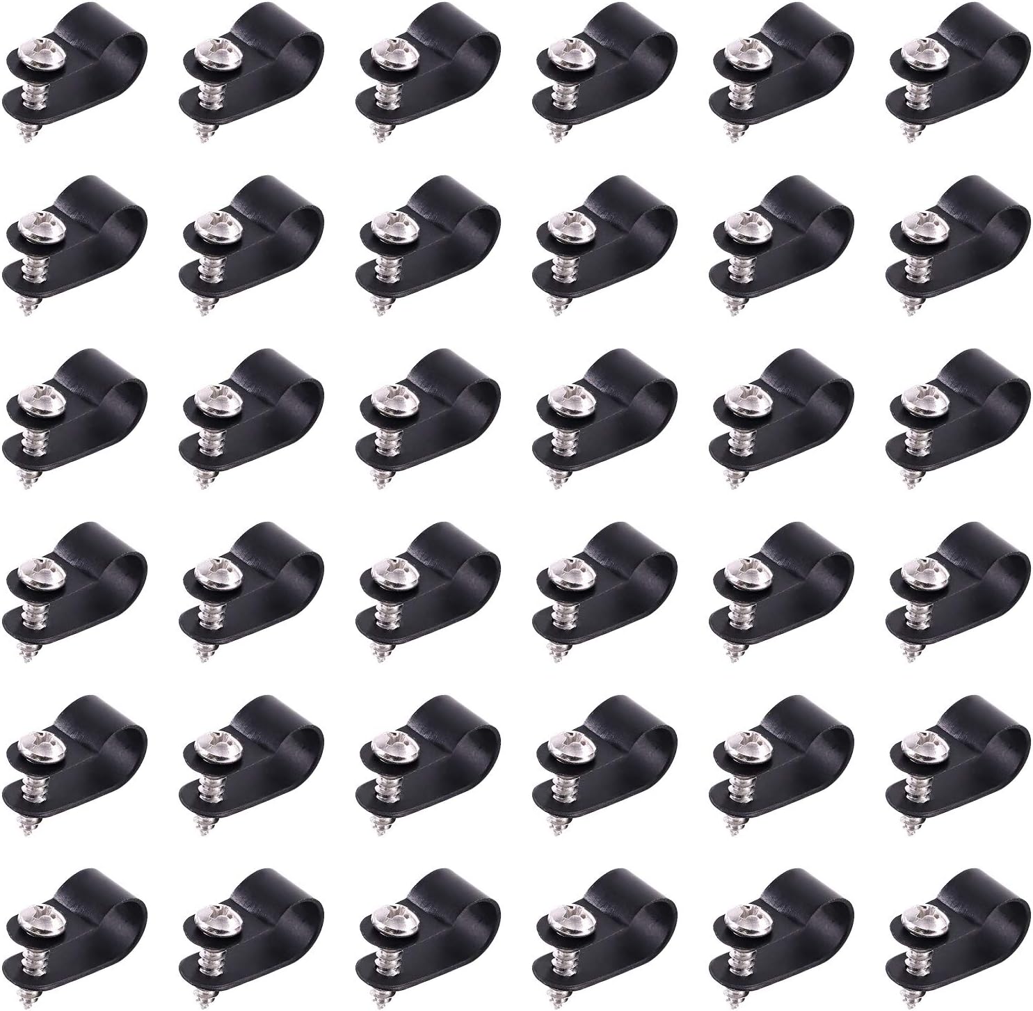 Swpeet 60 Pack Black 3/8 Inch Nylon Plastic R-Type Cable Clips Clamp Kit, Nylon Screw Mounting Cord Fastener Clips with 60 Pack Screws for Wire Management (3/8 Inch, Black)