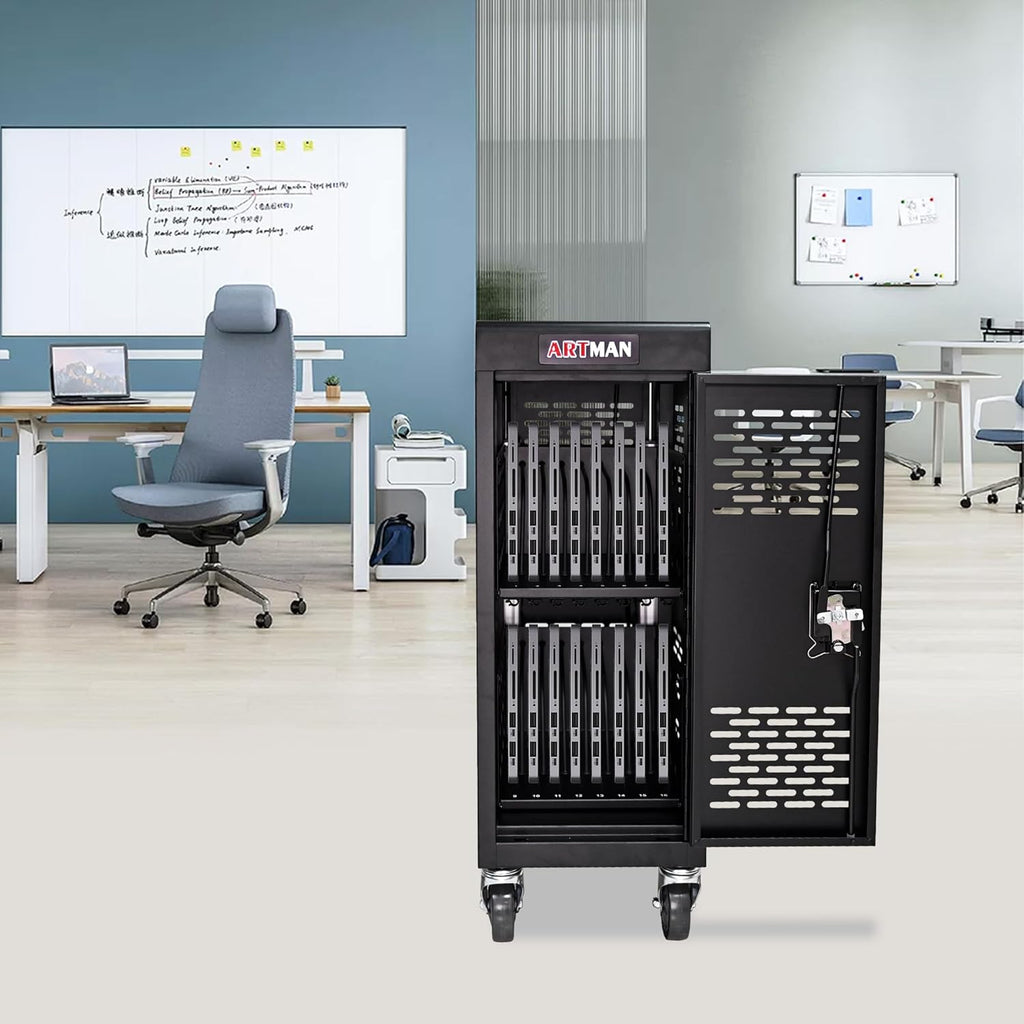 Laptop Charging Cart, 16 Device Tablet Storage Carts for iPad Up to 16.3" Screen Size, Mobile Charging Station for Classroom, with Cord Organizer, Front and Back Access Locking Cabinet Black