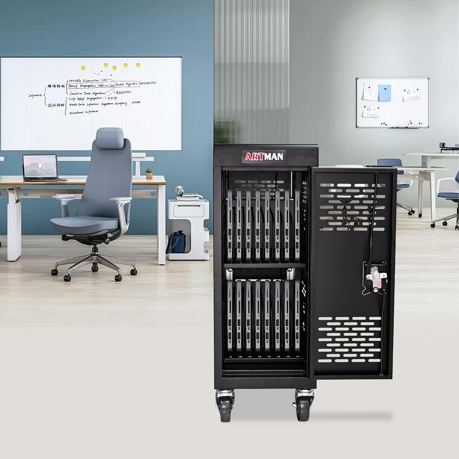 Laptop Charging Cart, 16 Device Tablet Storage Carts for iPad Up to 16.3" Screen Size, Mobile Charging Station for Classroom, with Cord Organizer, Front and Back Access Locking Cabinet Black