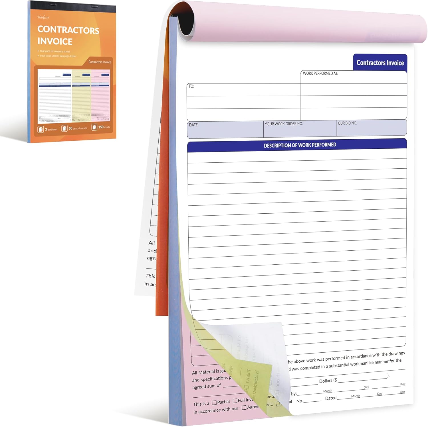 Large Contractor Invoice Book, Invoice Receipt Book for Small Business, 3 Part Carbonless Work Order Estimate Forms, 8x11 in, 50 Sets