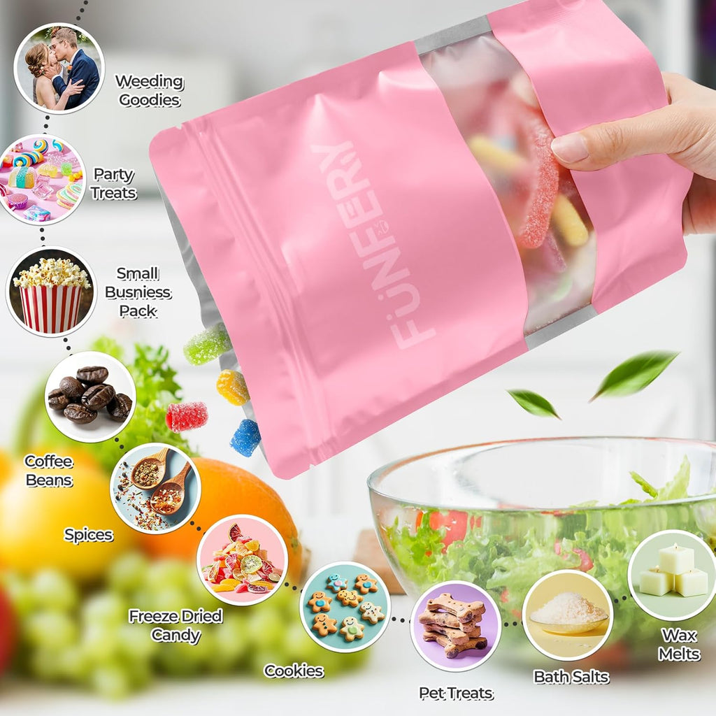 Funfery 100 Pcs Smell Proof Packaging Bags,Mylar Clear Bags for Food Storage,Sealable Bag for Packaging,Stand Up Pouches with Window,ReSealable Bag for Small Business,Cookies,Candy(Pink,4x6in)
