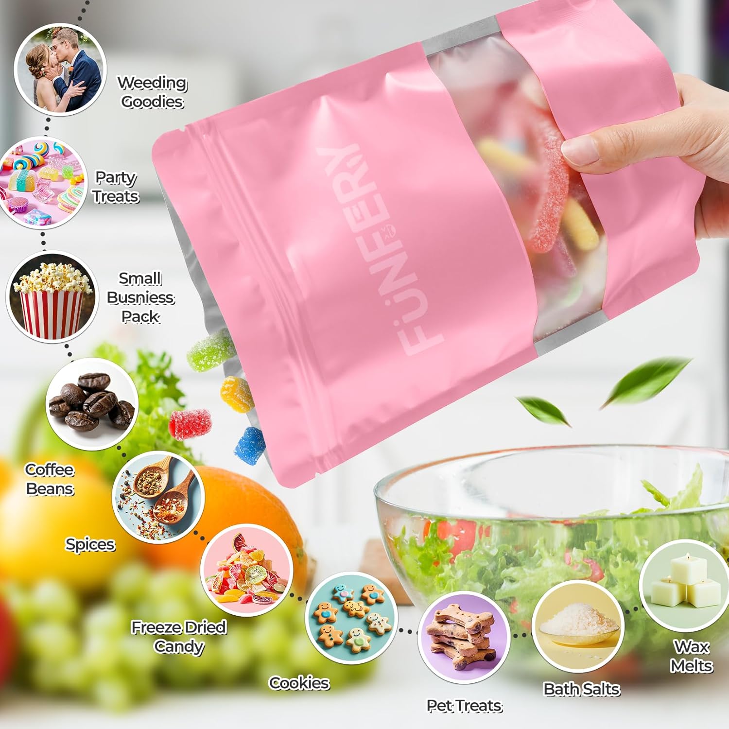Funfery 100 Pcs Smell Proof Packaging Bags,Mylar Clear Bags for Food Storage,Sealable Bag for Packaging,Stand Up Pouches with Window,ReSealable Bag for Small Business,Cookies,Candy(Pink,4.7x7.9in)