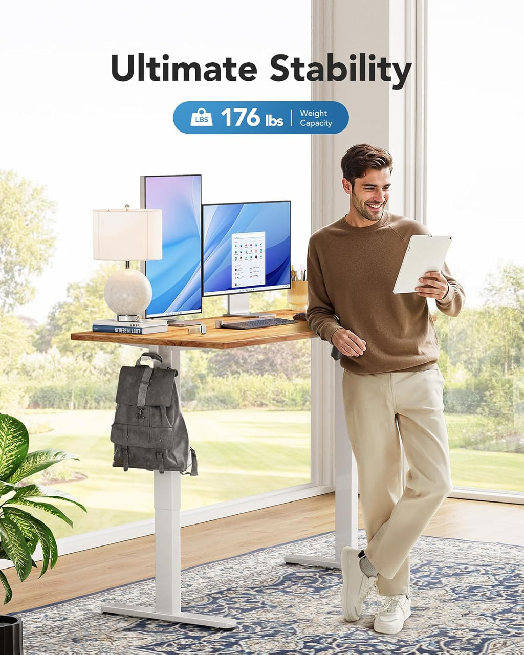 HUANUO Electric Standing Desks, 60" x 24" Whole Piece Desktop, Adjustable Height Computer Desk, 4 Height Memory Settings, Sit Stand Up Desk for Home Office, Light Vintage