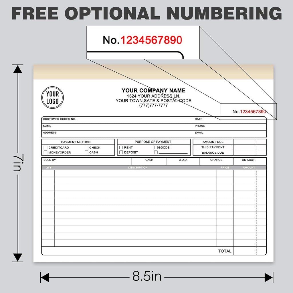 Custom Invoices Receipt Book for Small Business Personalized 3-Part Duplicate Carbonless Logo Receipt Books Sales Payment Forms with Company Name Address Phone Number 100 Sets 8.5" x 7"