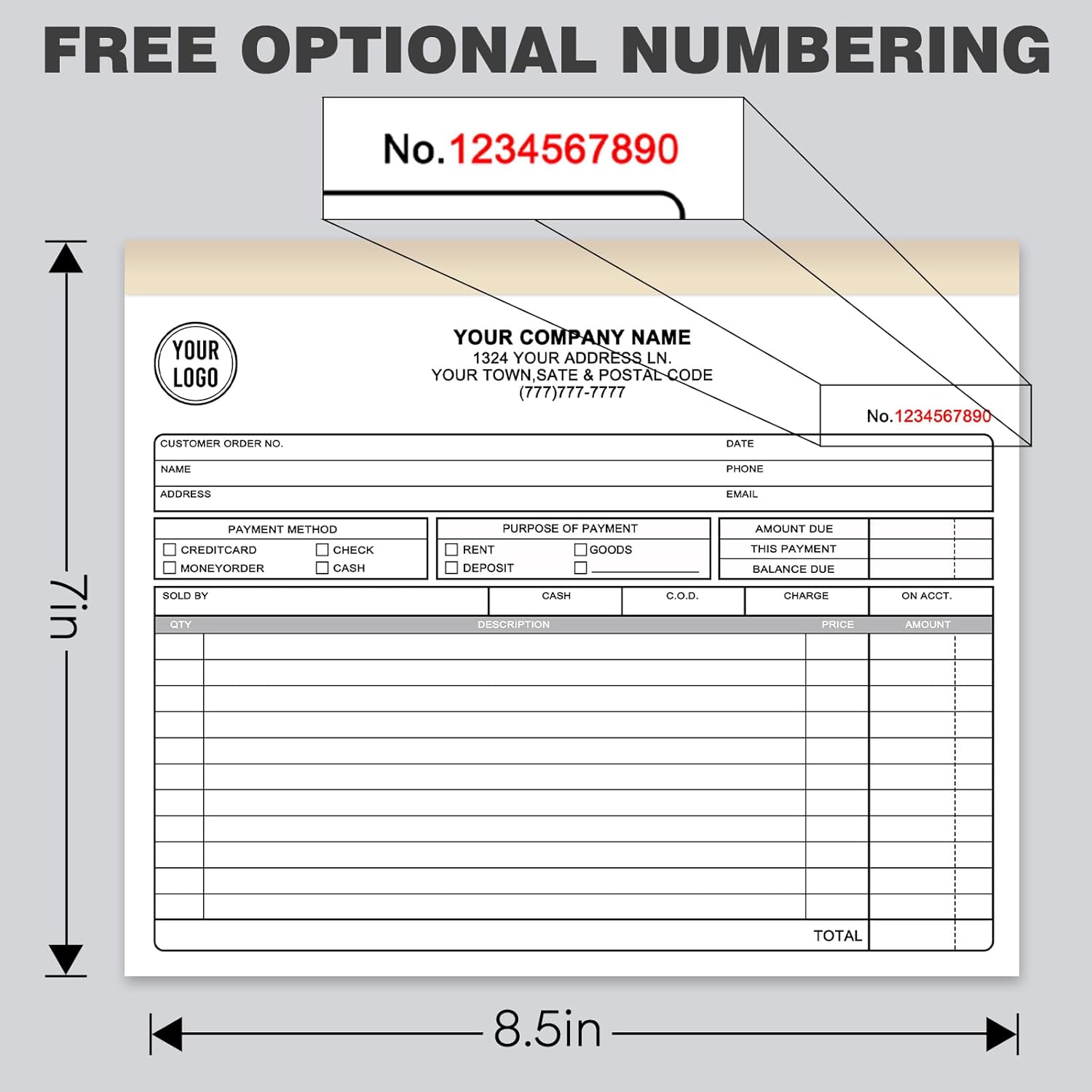 Custom Invoices Receipt Book for Small Business Personalized 3-Part Duplicate Carbonless Logo Receipt Books Sales Payment Forms with Company Name Address Phone Number 100 Sets 8.5" x 7"
