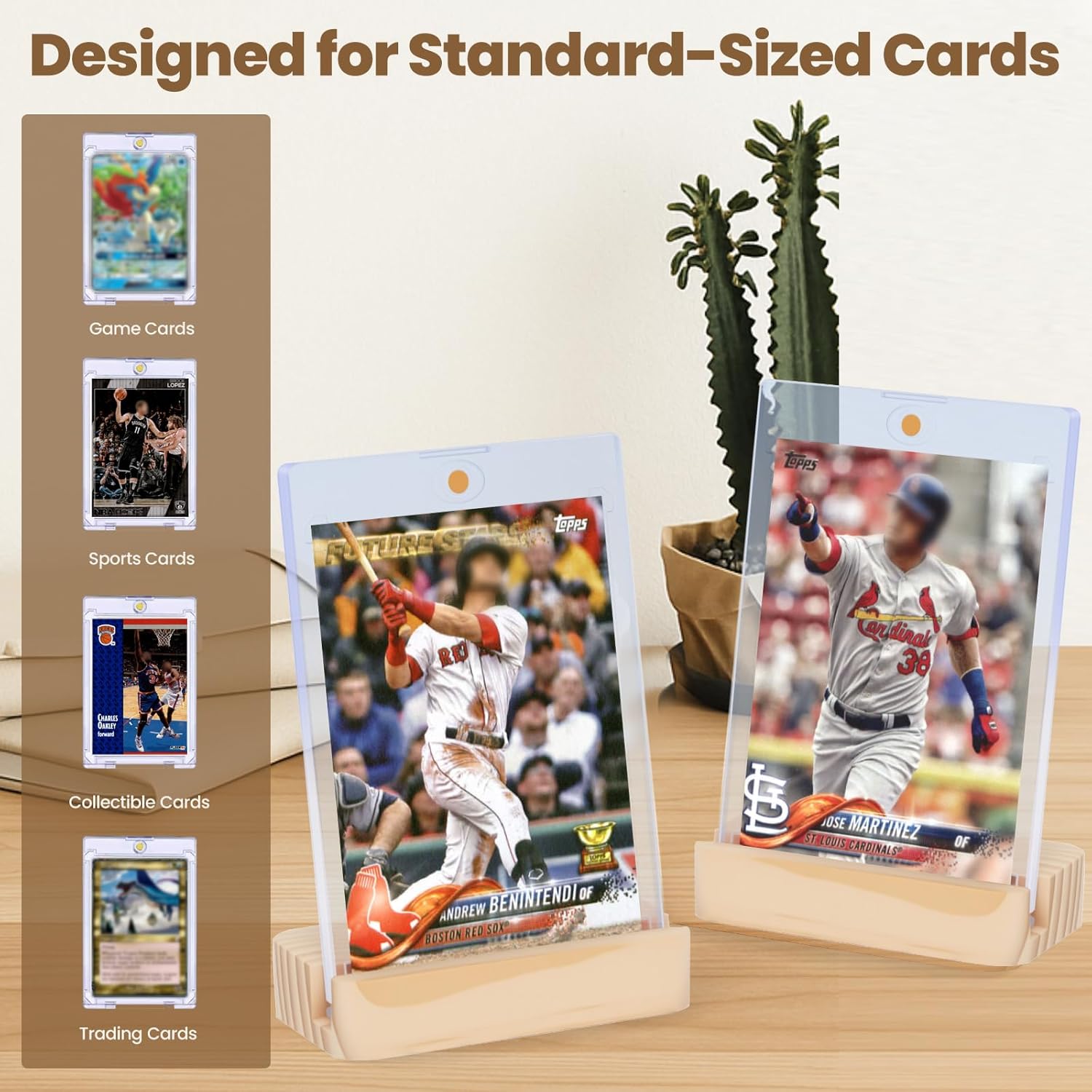 4Pack Magnetic Card Holders for Baseball Cards - Sports Card Protector with 4 Wooden Stands, 35pt Plastic Hard Card Sleeves Holder, Trading Card Display Stand for Graded Card, MTG, Sports and Game Cards