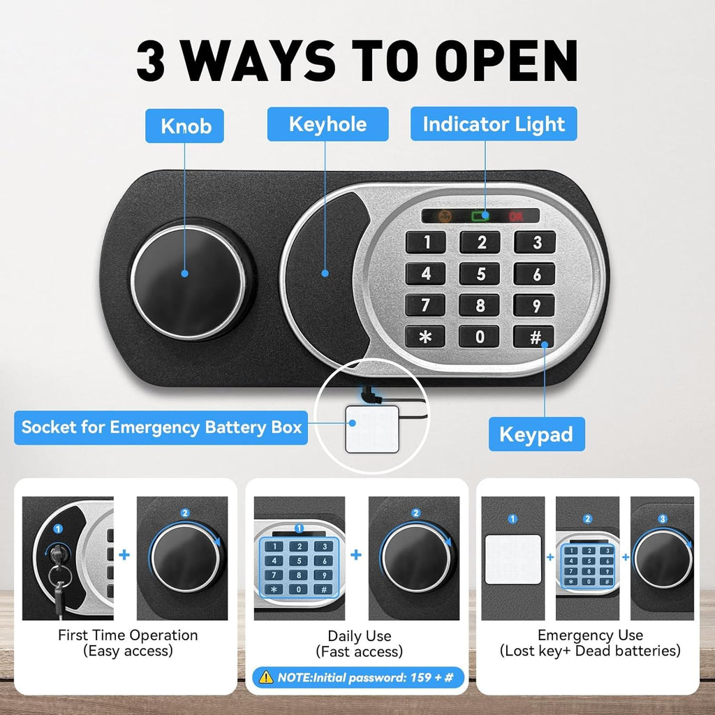 1.8 Cuft Small Safe Box with Fireproof Waterproof Bag, Safes for Home Documents, Anti-Theft Safety Box With Digital Keypad, Smart Alert System, Spare Keys, Personal Safe for Cash Money