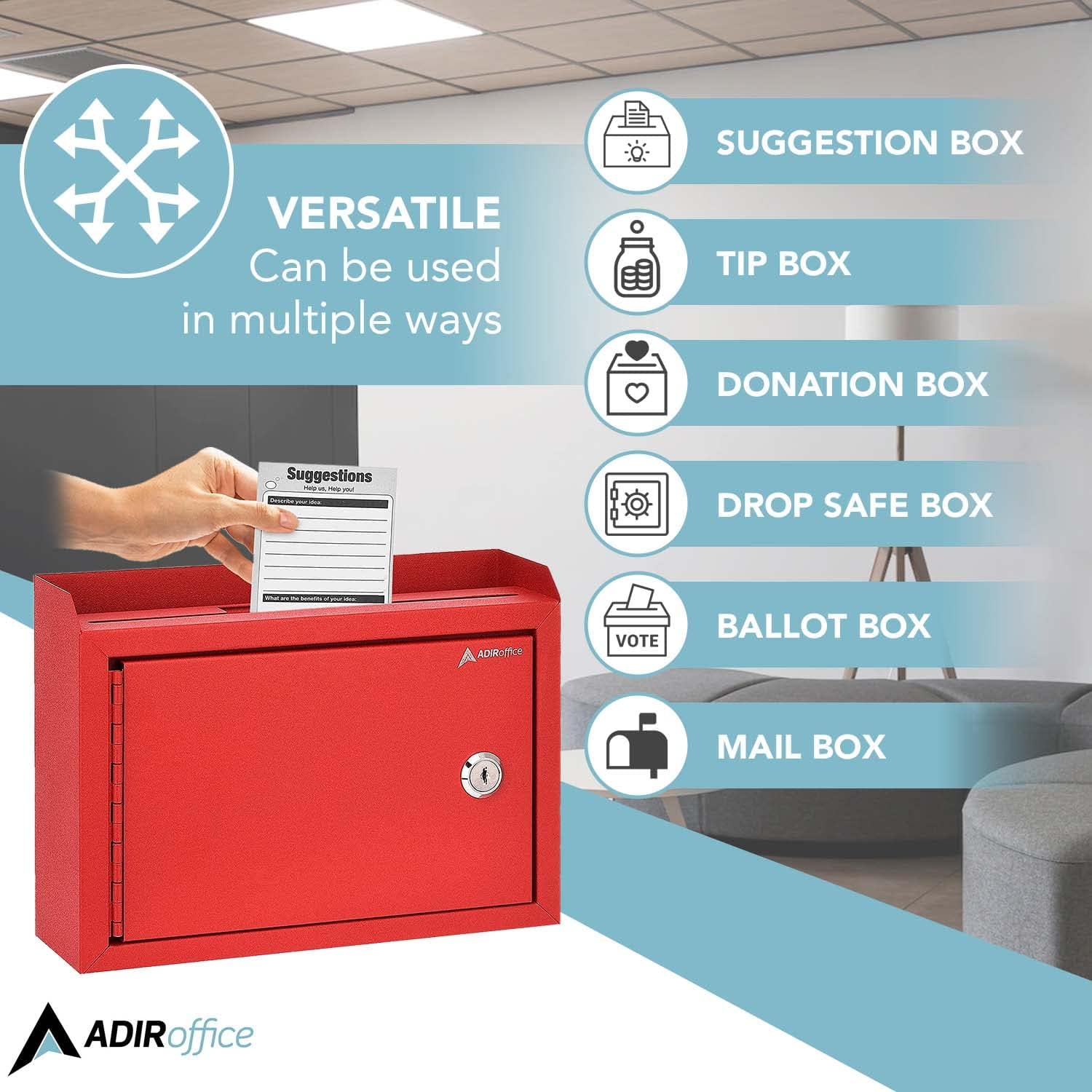 Adir Suggestion Box with Lock and Slot, Wall Mount Deposit Box for Payment and Checks, Office Mail Box for Employees, Money Drop Box with Keys, Drop Safe Box - 9.75x7x3 Inch Red