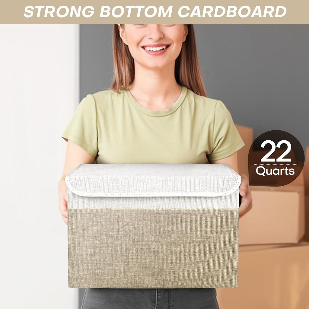 Large 22 Quart Linen Fabric Foldable Storage Bin Cube Organizer Basket with Flip-Top Lid & Handles, Clothes Blanket Box for Home, Office, Closet, Beige & White, 4 Pack 14.6 x 9.5 x 9.5”