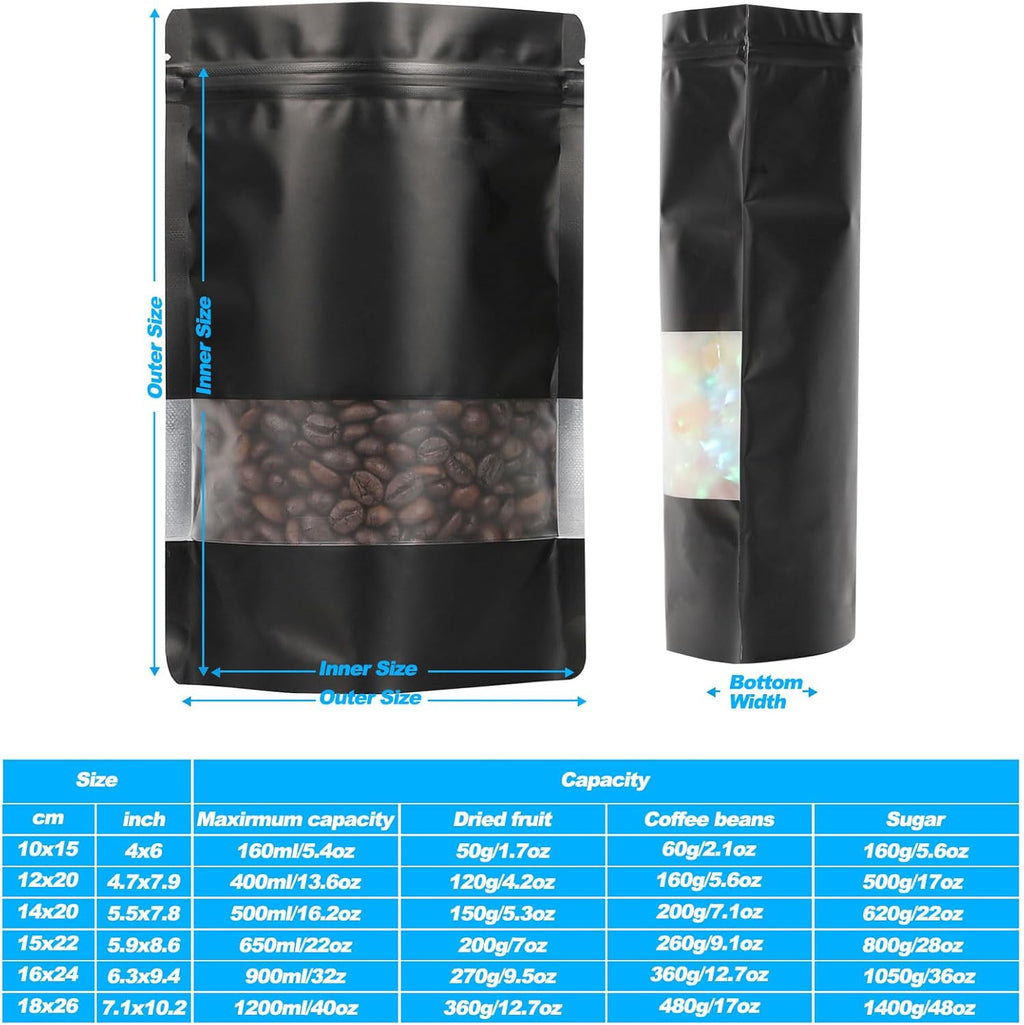 100 Pack Smell Proof Bags, Resealable Mylar Bags with Matte Window, Foil Pouch Stand-up Bags for Food Self Sealing Storage, Scratch Resistant Hand Storage Bags.(Black, 6.3×9.4 Inch)