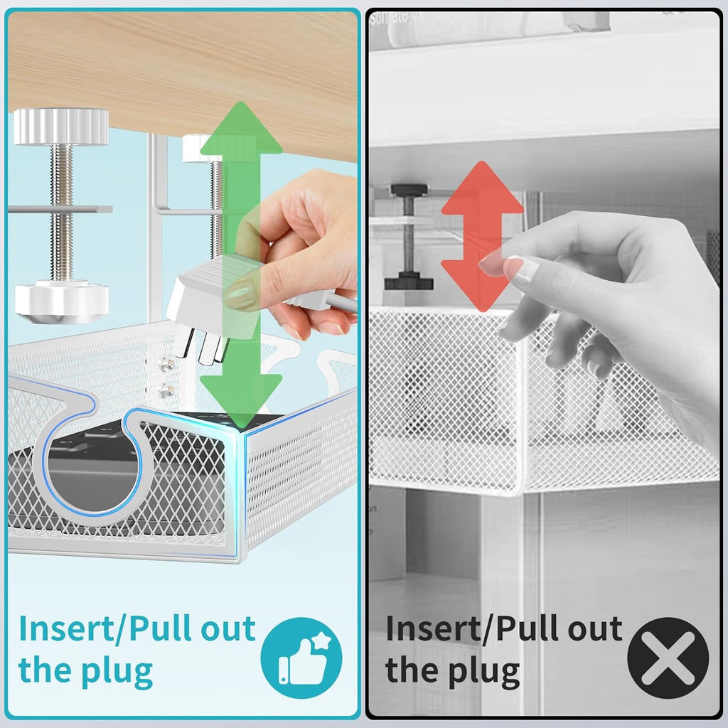 Under Desk Cable Management Tray White, No Drill Desk Cable Management Organizer with Clamp for Desk Wire Management, Desk PC Cord Organizer Accessories & Workspace Organizers for Office, Home(2 Pack)
