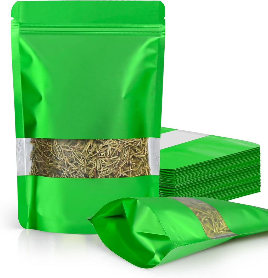 FireKylin 100 Pack Smell Proof Bags 4.7" x 7.9", Resealable Bags with Matte Window, Foil Pouch Stand Up Sealable Bags for Packaging（Green）