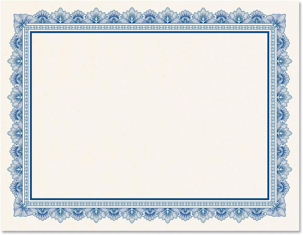 Intricate Blue & White Parchment Certificate Papers - Pack of 100, Laser & Inkjet Printer Compatible, For Office, Business Awards, Graduation, School Diplomas, 8-1/2" x 11" on 60 lb. Text Stock