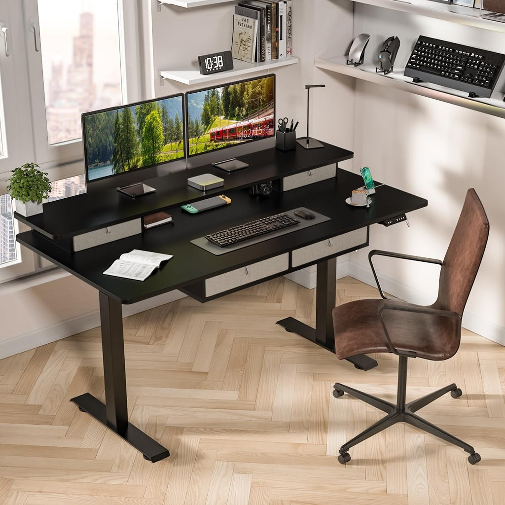 Standing Desk with Fast Charging USB Ports, 63" x 30" Height Adjustable Home Office & Gaming Desk, Sit Stand Desk with Built-in Storage Shelf, Hook & Ergonomic Design(Classic Black)