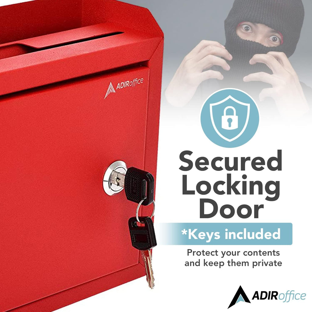 Adir Suggestion Box with Lock and Slot, Wall Mount Deposit Box for Payment and Checks, Office Mail Box for Employees, Money Drop Box with Keys, Drop Safe Box - 9.75x7x3 Inch Red