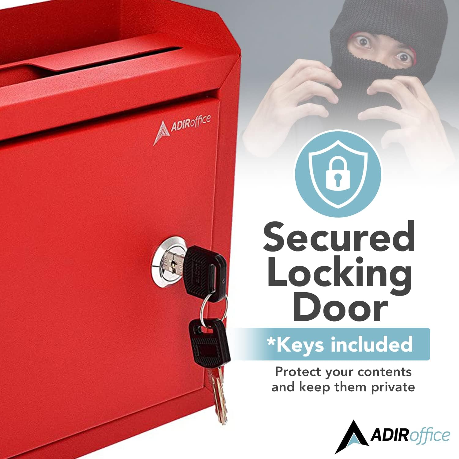 Adir Suggestion Box with Lock and Slot, Wall Mount Deposit Box for Payment and Checks, Office Mail Box for Employees, Money Drop Box with Keys, Drop Safe Box - 9.75x7x3 Inch Red