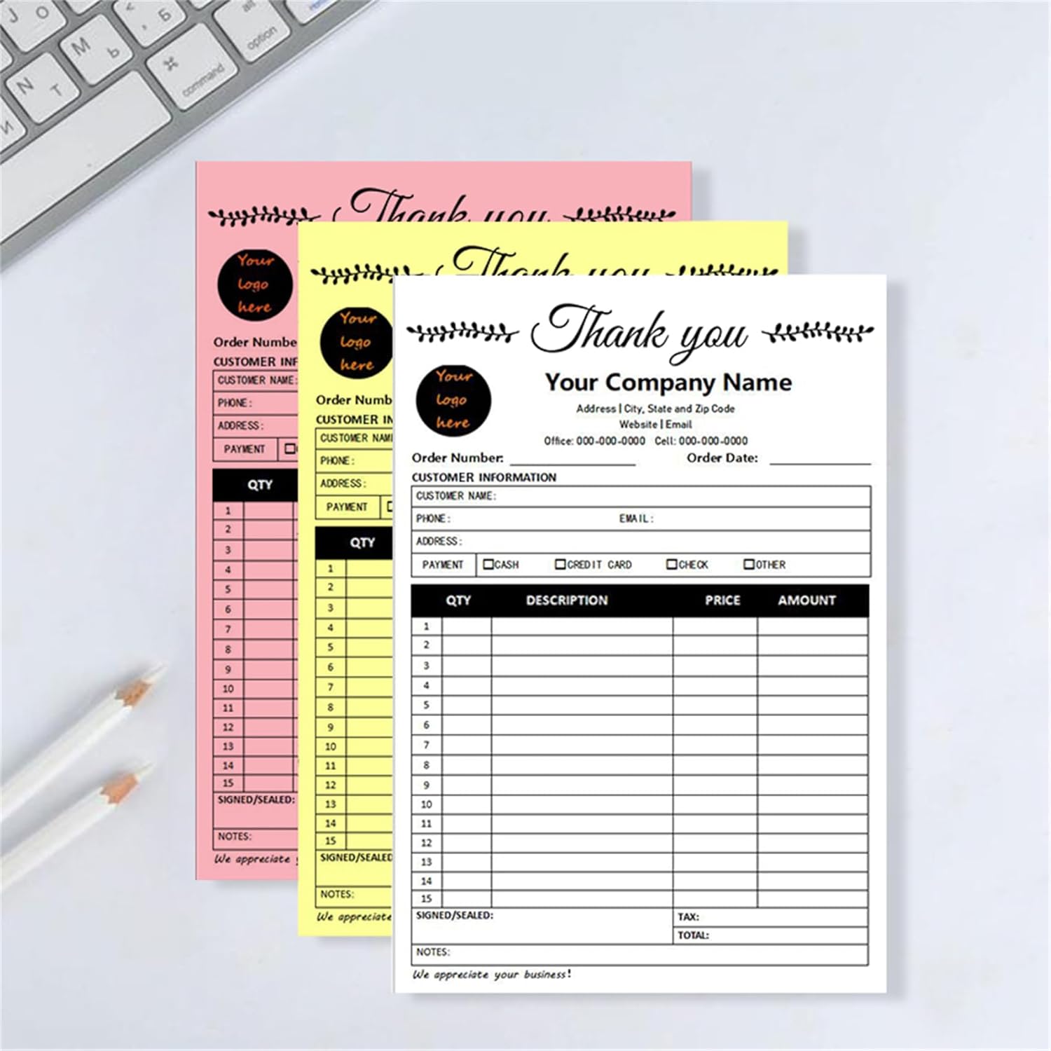 Custom Invoice Book in 3-Part /2-Part Receipt Book with Carbon Copies Personalized Carbonless Service Invoice Form Books Sales Order Book with Company Name Logo Address,C1-Thank You Receipt