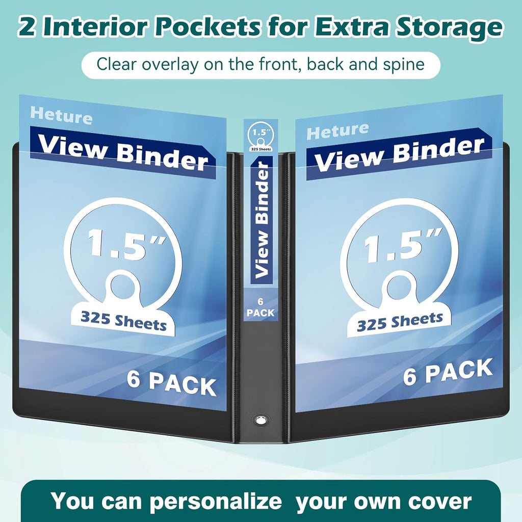 3 Ring Binder 1.5 Inch 6 Pack, 1-1/2" Clear View with Round Rings, PVC-Free,Holds for 325 Sheets 8.5X 11 US Letter Size Paper, Durable Black Perfect for Office,School and Home