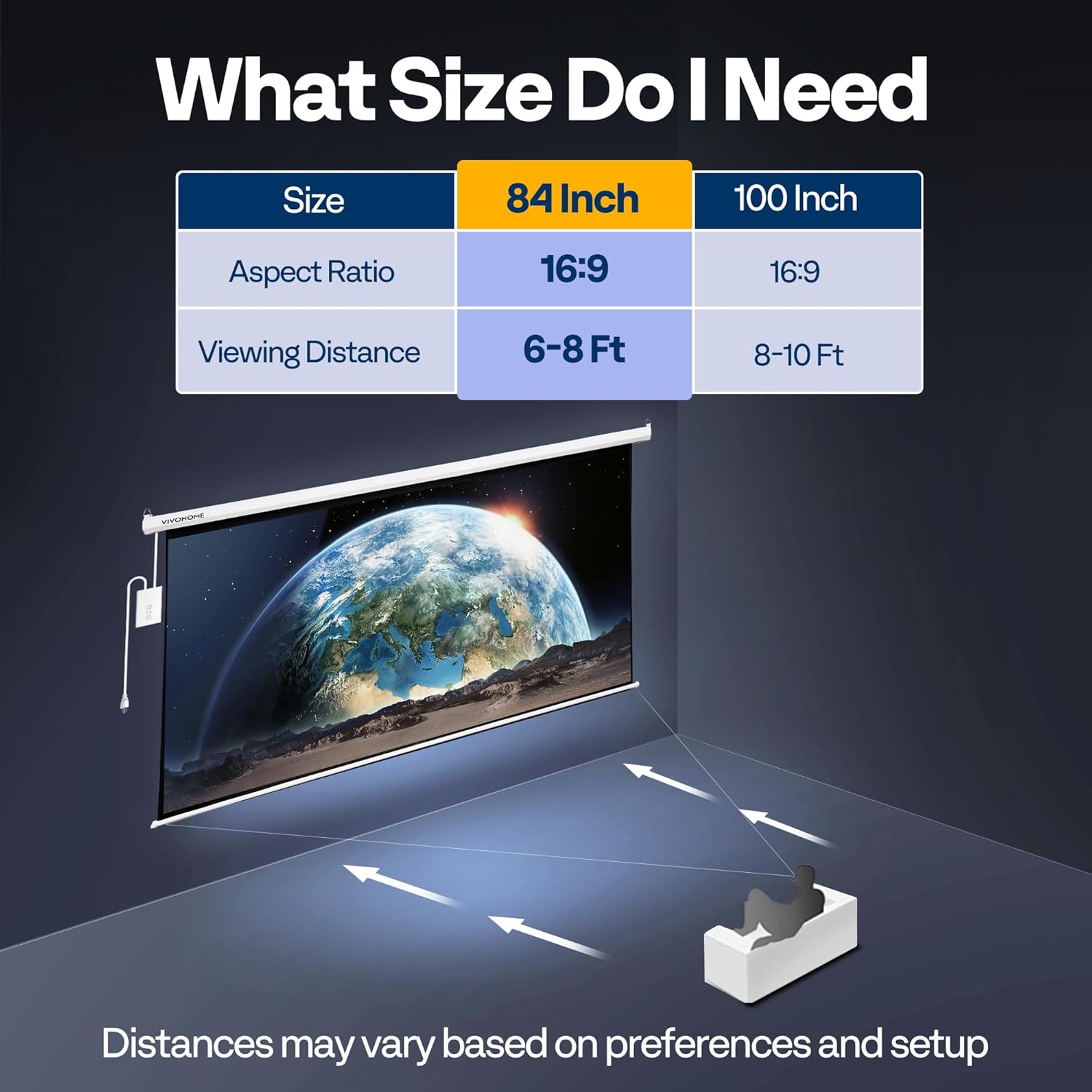 VIVOHOME Motorized Projector Screen with Remote, 16:9 84 Inch Auto Electric Projection Screen, HD 4K Movie Screen for Home Theater, Cinema, Office (73 x 41 White)