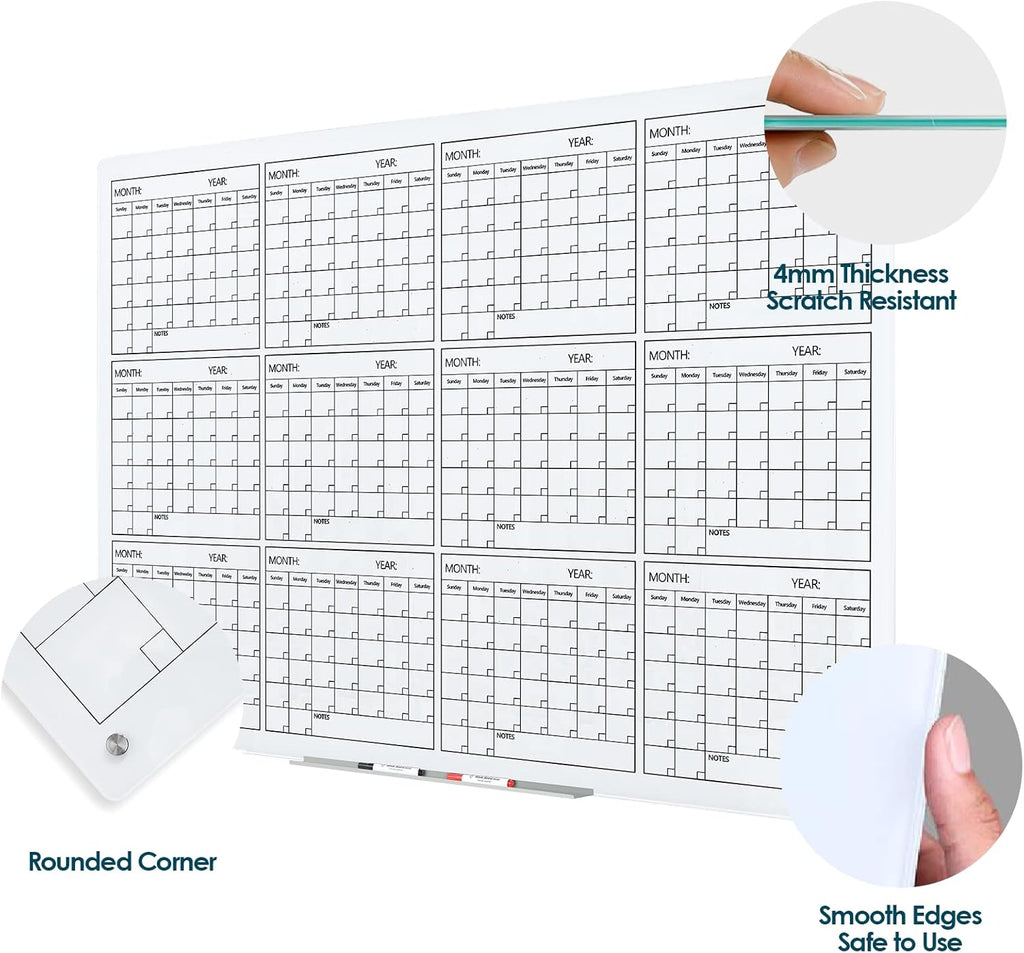 J&J worldwide Glass Whiteboard Yearly Calendar - 35" X 47" Large Wall Whitrboard - White Board Dry Erase Planner for Wall Home, School, Office