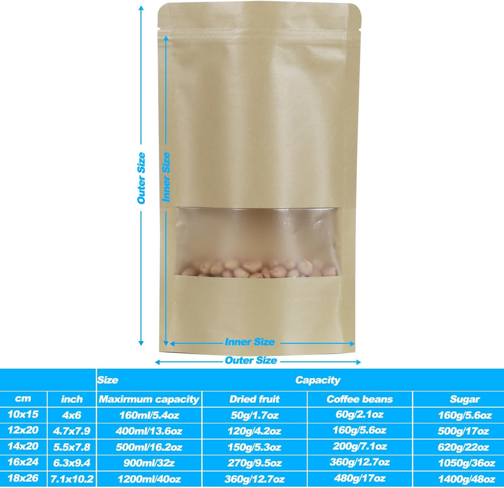 100 Pack Bags, Resealable Bags with Clear Window, Stand-up Bags for Sealing Storage, Scratch Resistant Hand Storage Bags. (Kraft Paper, 5.5×7.9 Inch)
