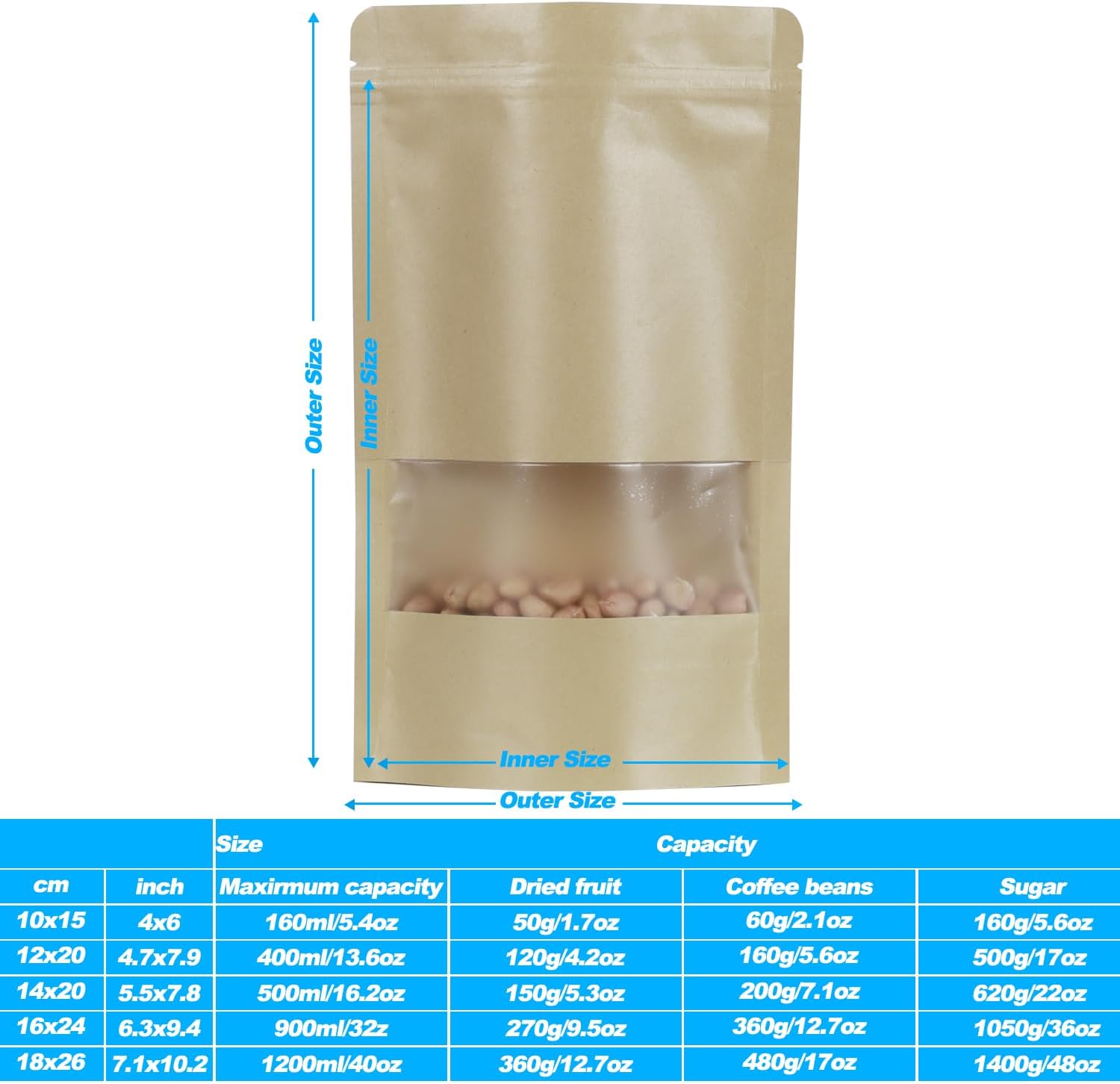 100 Pack Bags, Resealable Bags with Clear Window, Stand-up Bags for Sealing Storage, Scratch Resistant Hand Storage Bags. (Kraft Paper, 4.7×7.9 Inch)