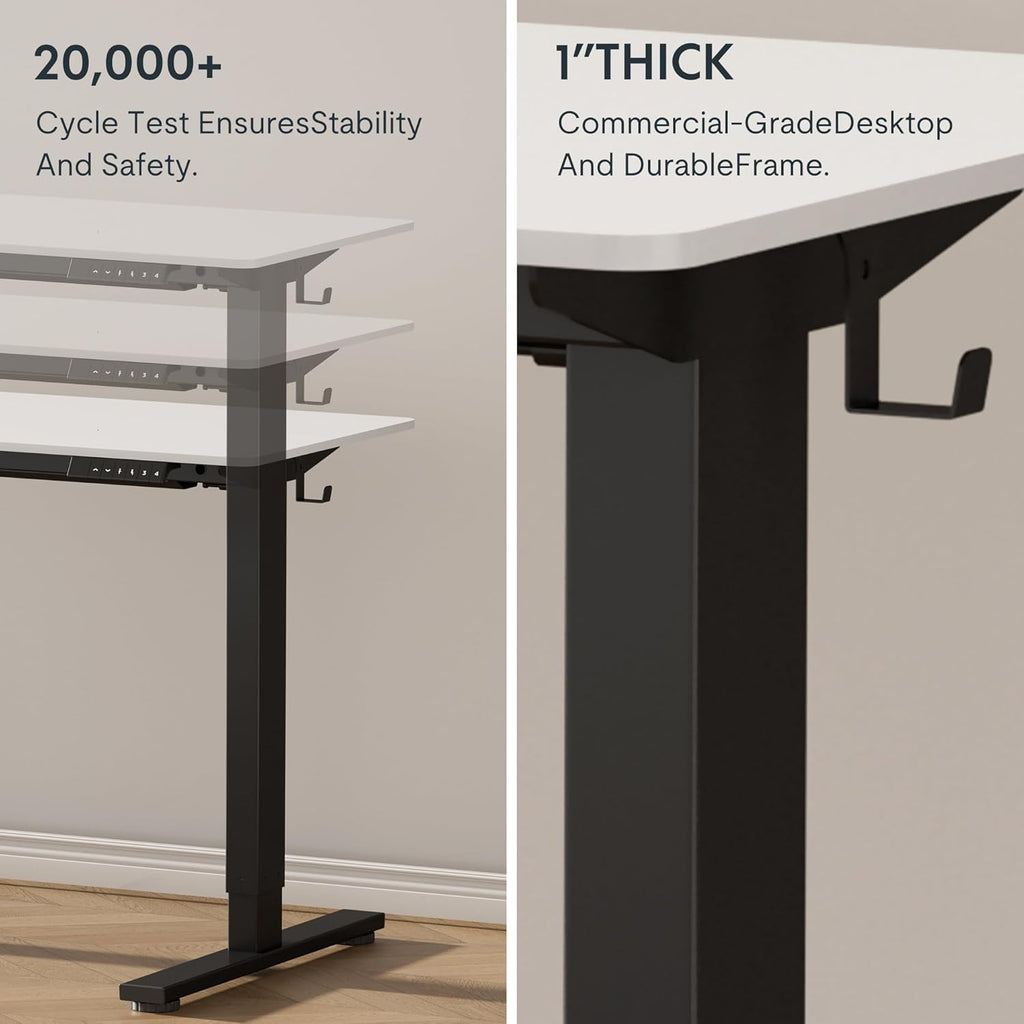 FLEXISPOT EN1 Whole-Piece Standing Desk - 48 x 30 Inches, Electric Height Adjustable, Heavy Duty Steel Frame with Automatic Smart Keypad (Black Frame + White Top, 2 Packages)