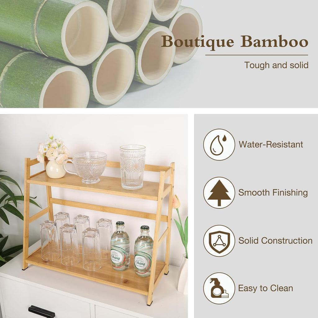 Countertop Organizer Bamboo Spice Rack 2-Tier Desktop Bookshelf Wooden Storage Stand for Kitchen, Office and Dorm, Desk Organizer for Books and Decor (Medium)