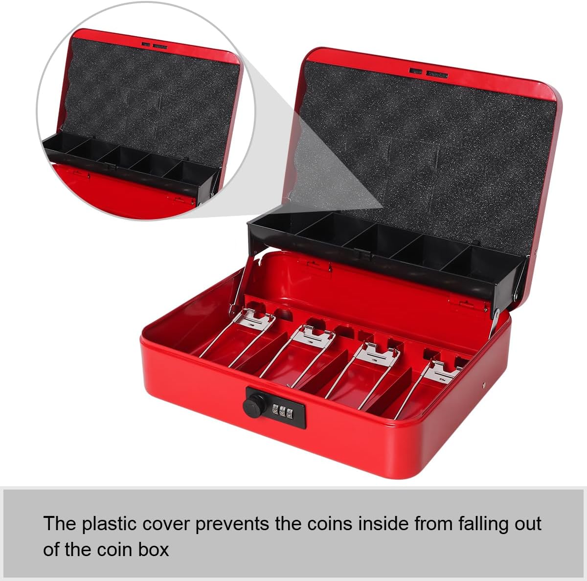 Jssmst Large Locking Cash Box with Money Tray, Metal Money Box with Combination Lock Cash Safe with Security Cable, Red
