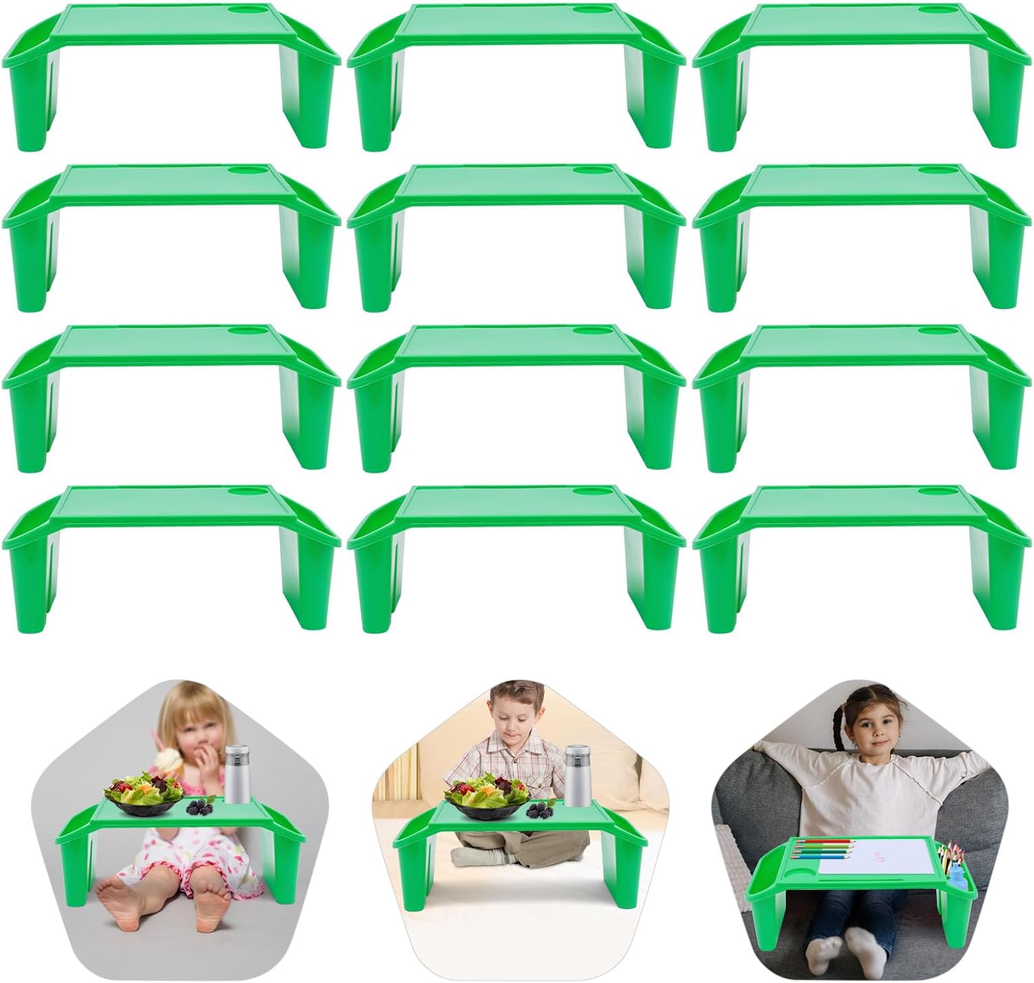 12 Pack Kids Lap Desk Tray with Storage Slots, Portable Lap Desk, Activity Tray, Drawing, Stackable, Writing, Eating, Classroom, 19.69" L x 9.84" W x 7.1" H (Green)