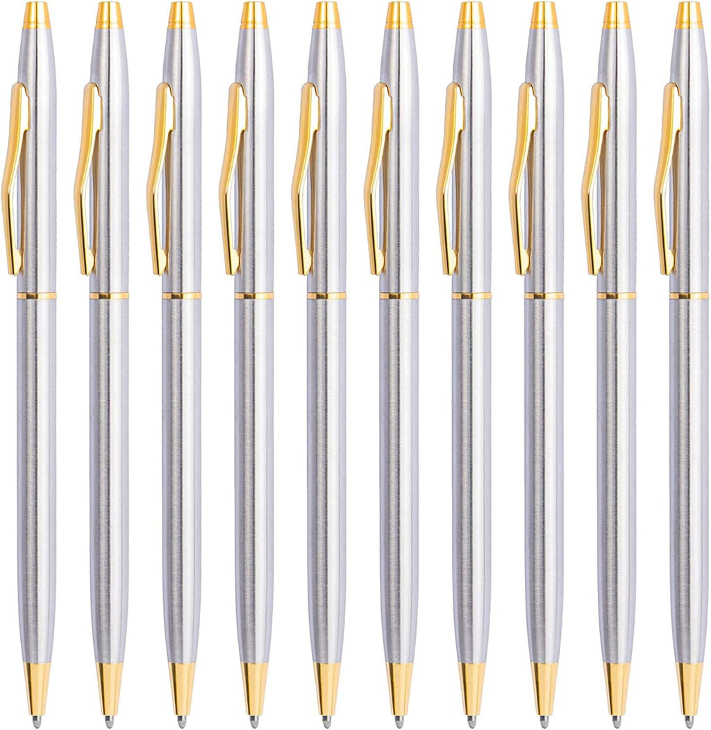 Cambond Black Pens Ballpoint Pens - Fancy Pens Comfortable Writing Gift Mini Conical Sliver Pen Slim Retractable Smooth Writing Bulk 1.0mm Medium Poin, 10 Pack (Silver)