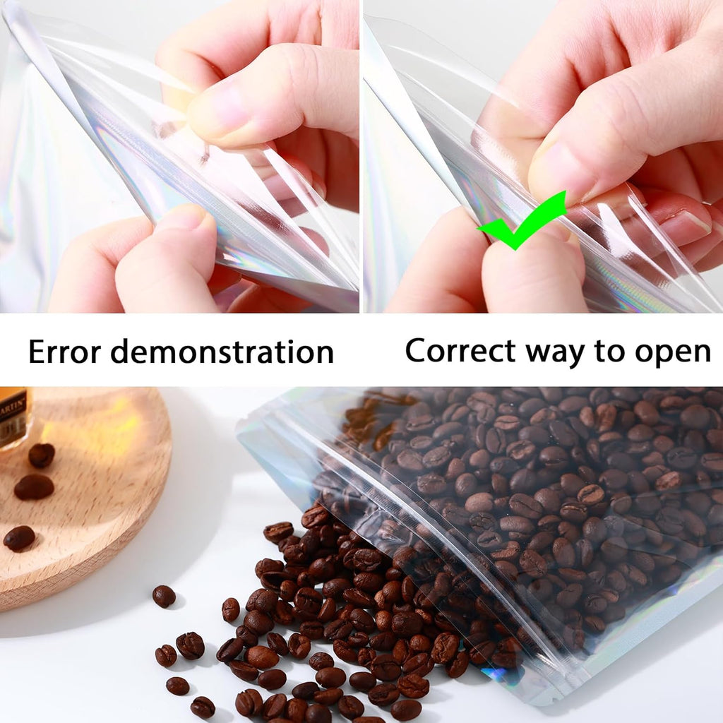 150 Pcs Mylar Bags for Food Storage, 5x8 Mylar Bag with Window Stand Up, Small Holographic Resealable Bags Smell Proof Bag Food Packaging for Small Business Freeze Dried Candy Jewelry Foil Packaging