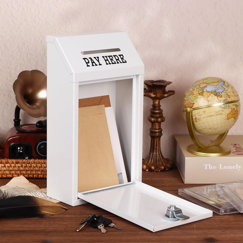 Metal Donation Box Collection Safe Suggestion Box with Lock Wall Mounted Mailbox Delivery Ballot Case Key Drop Case for Home Office Outdoor Door (White, 10.24 x 5.71 x 2.95 Inch)