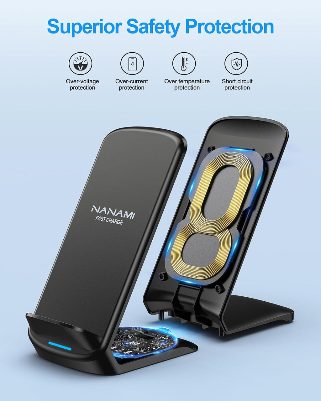 NANAMI Wireless Charger [2 Pack] - 10W Qi-Certified Fast Wireless Charging Stand for iPhone 17/17 Air/16/16 Plus/15/14/13/12,Cordless Phone Charger for Samsung Galaxy S25/S25 Ultra/S24/S23/S22,Pixel 6