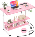 Armocity Height Adjustable Standing Desk with Power Outlets, 32" Manual Stand Up Desk with Storage Shelves Small Mobile Rolling Computer Desk Portable Laptop Table with Wheels for Home Office, Pink