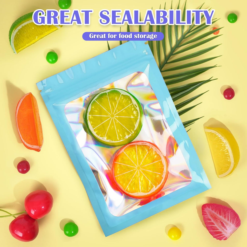100 Pcs Mylar Bags, Smell Proof Bags Foil Pouch, Holographic Resealable Bags for Small Business, Candy Sample Jewelry Bag Sealable Packaging for Party Favor Food Storage (2.4x3.9in-Blue)