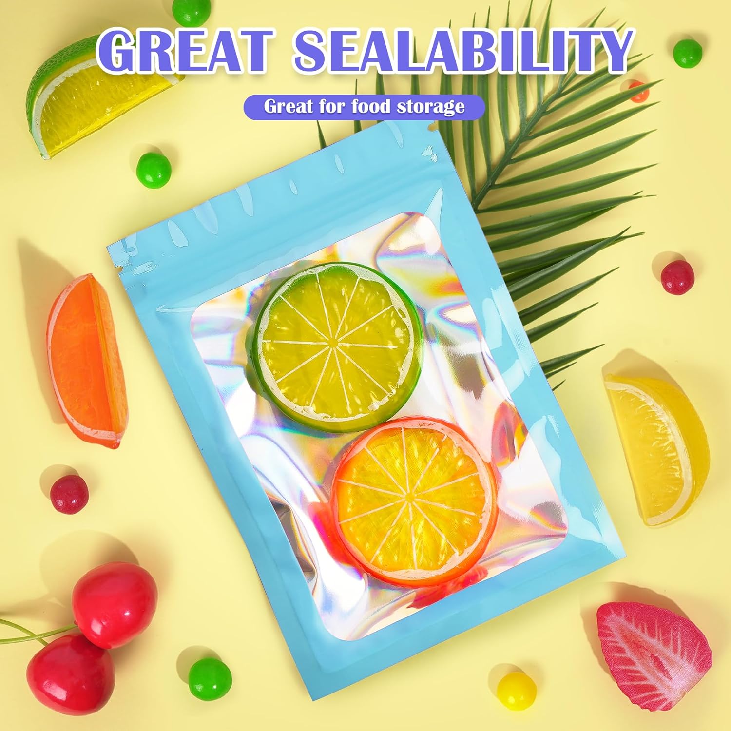 300 Pcs Mylar Bags, Smell Proof Bags Foil Pouch, Holographic Resealable Bags for Small Business, Candy Sample Jewelry Bag Sealable Packaging for Party Favor Food Storage ((2.8x3.9in-Blue)