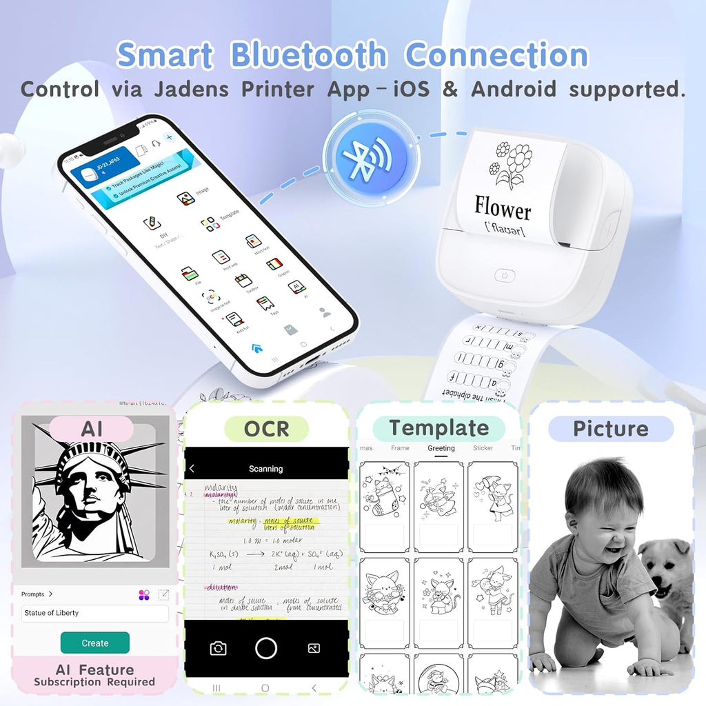 JD-23 Sticker Printer, Mini Portable Thermal Printer Print Pod, Inkless Bluetooth Label Maker with Smart App for Phone & Tablet for Office & Home Use, 2 Rolls Sticker Paper, White