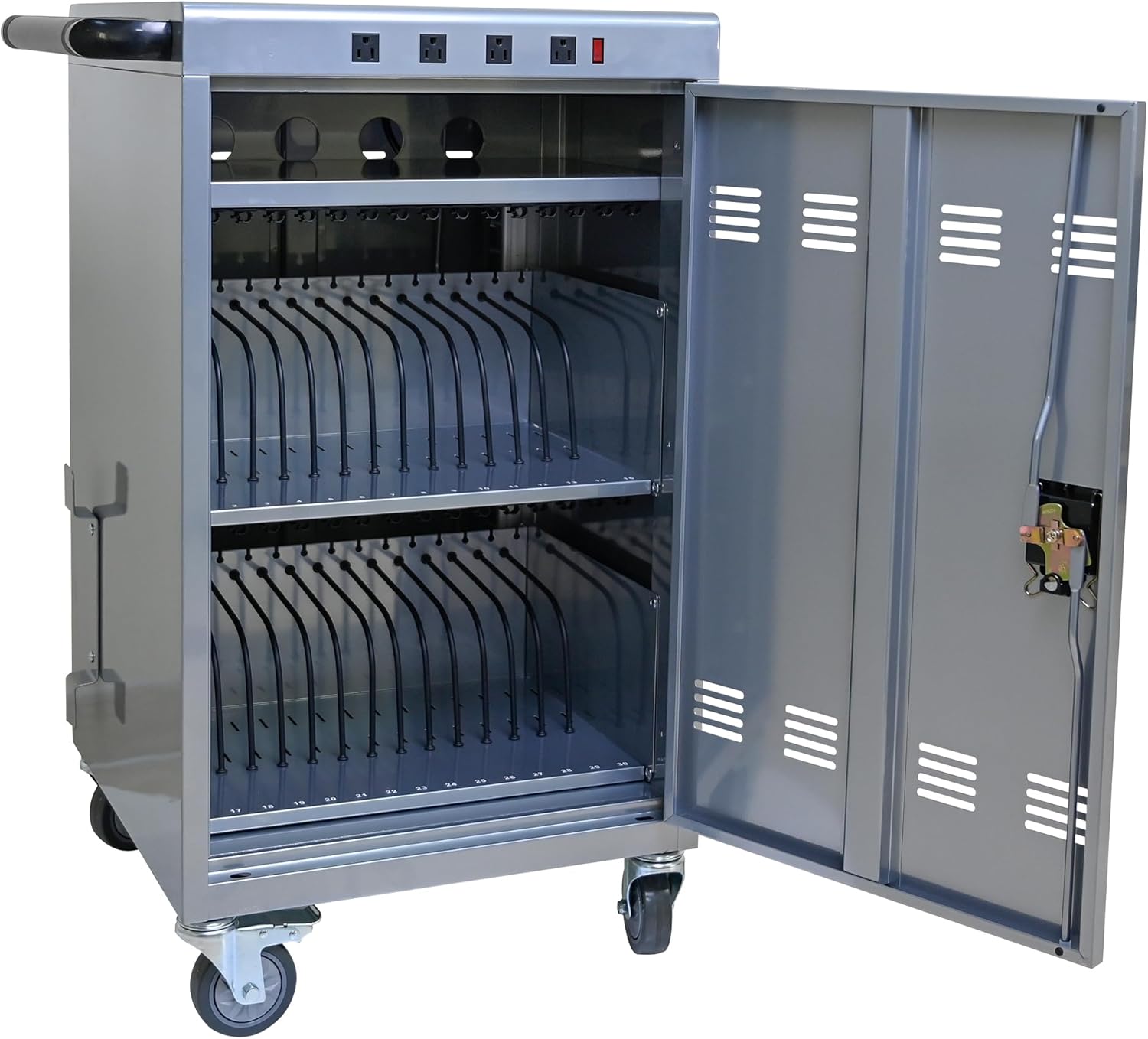 36 Device Charging Cart, Laptop and Tablet Storage Cart, Holds Up to 16.3" with Cord Management, Front and Rear Door Locks, Classroom or Office Charging Cabinet.Silver with 4 Position Power Strip