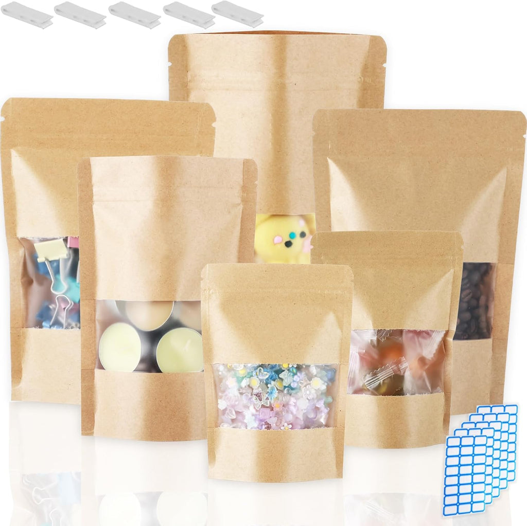 150 Kraft Mylar Bags for Food Storage 5X8 Mylar Bags with Window Candy Packaging Resealable Bags Reclosable Small Stand Up Pouches Edible Packaging, Kraft Paper Bags for Small Business