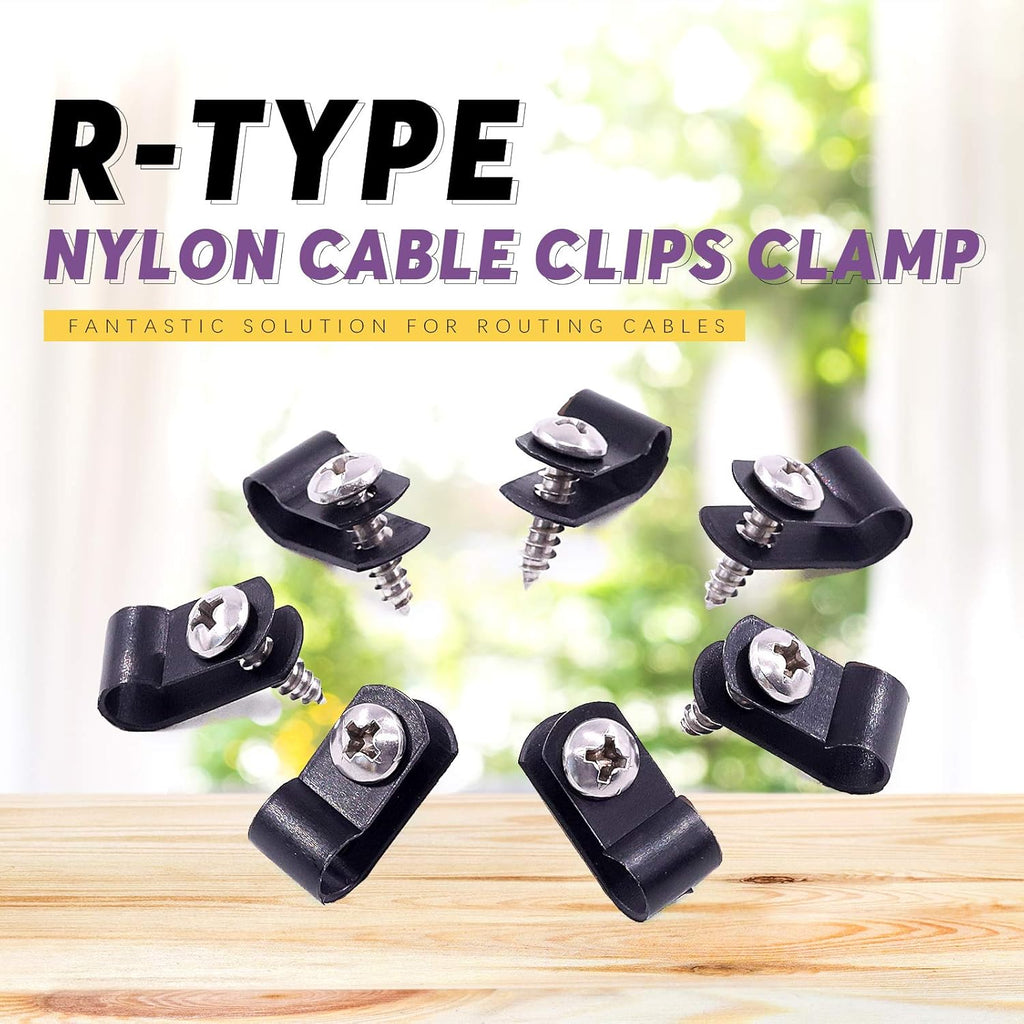 Swpeet 60 Pack Black 1/4 Inch Nylon Plastic R-Type Cable Clips Clamp Kit, Nylon Screw Mounting Cord Fastener Clips with 60 Pack Screws for Wire Management