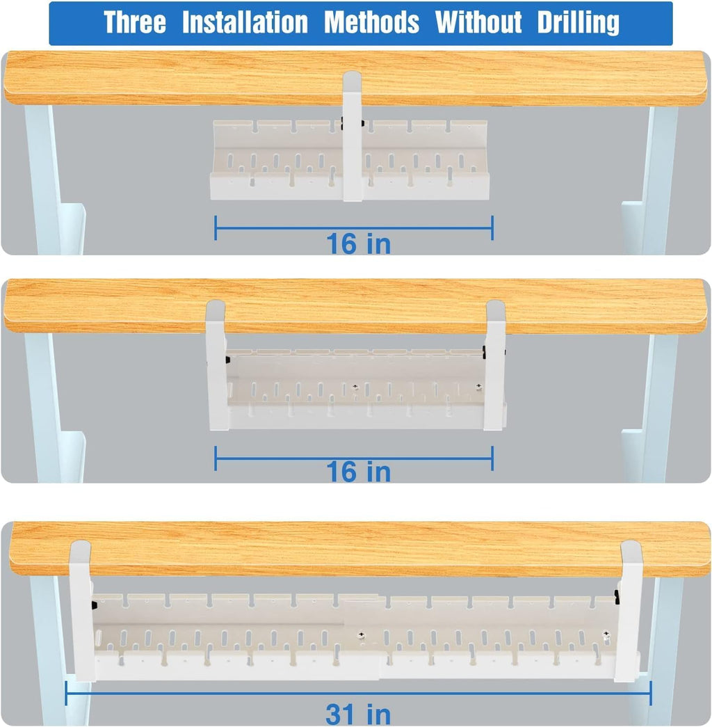 No Drilling Under Desk Cable Management, Metal Cable Management Tray Under Desk with Clamp, Retractable Power Strip Cord Holder for Wire Management 31Inch (2 Pack White)