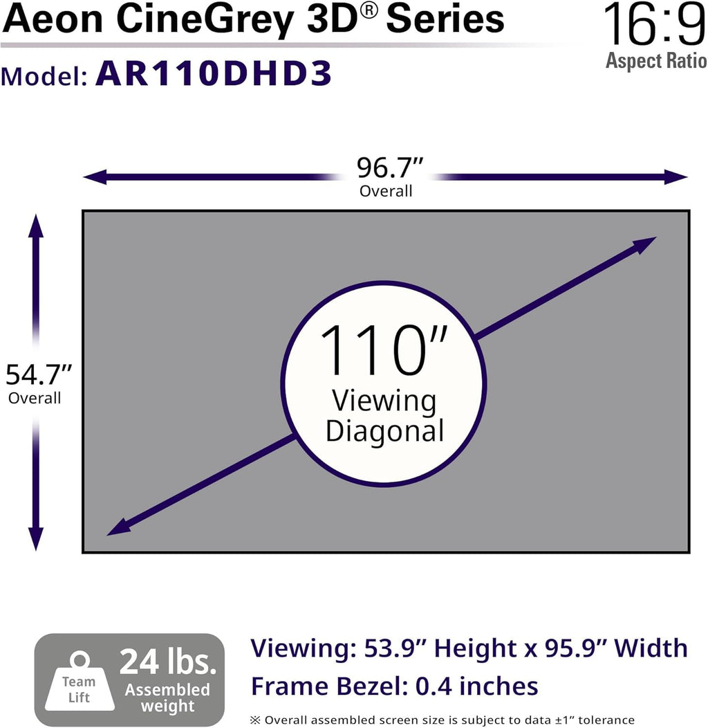 Elite Screens 110 inch CLR/ALR Projector Screen 16:9 4K, Standard Throw Projection, Edge Free Ambient Light Rejecting Fixed Frame Grey for Indoor Movie Screen Home Theater - Aeon CineGrey 3D AR110DHD3