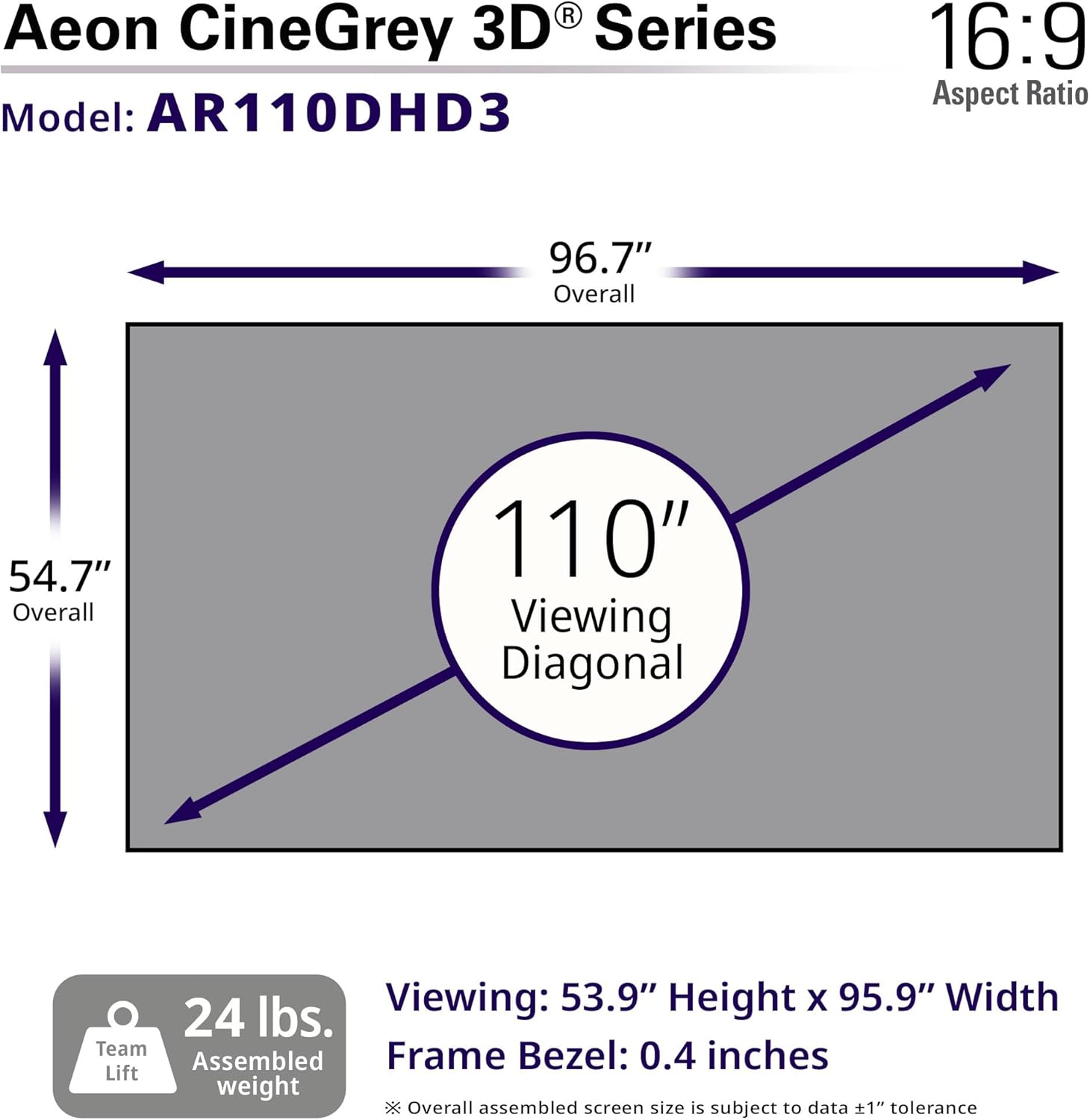 Elite Screens 110 inch CLR/ALR Projector Screen 16:9 4K, Standard Throw Projection, Edge Free Ambient Light Rejecting Fixed Frame Grey for Indoor Movie Screen Home Theater - Aeon CineGrey 3D AR110DHD3