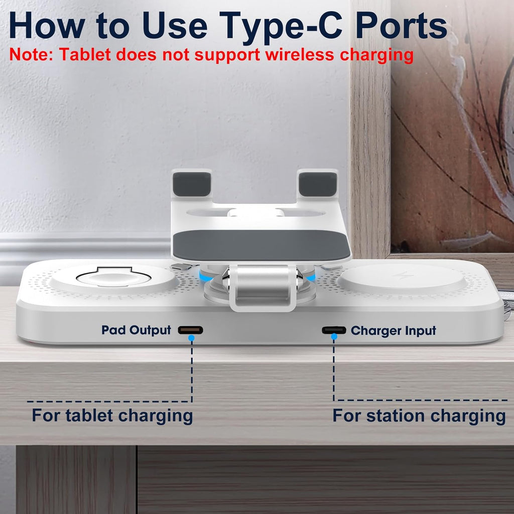 30W Charging Station for Apple Products, Foldable Wireless Charger with Clock Display&7 Color Light, Wired Charging for iPad/Tablet Charging Station for iPhone17, for Apple Watch10 for AirPods4(White