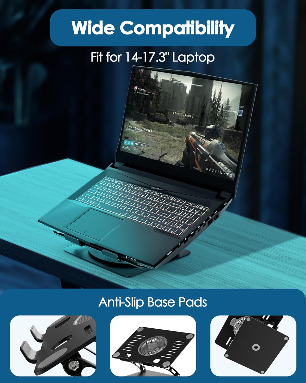 SHUWEI Gaming Laptop Cooling Pad with 360° Rotation Base, Ergonimic Aluminum Laptop Cooling Stand with 3 Speed Fan, Adjustable Height Laptop Cooling Pad for 10-17.3'' Notebook - Silver