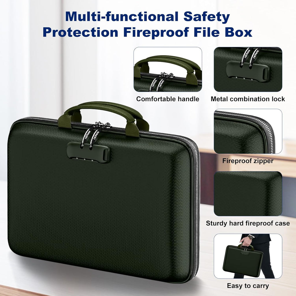Fireproof Document Box, Hard Case Fireproof File Organizer Box with Lock and 13 Pocket Accordion File Folder, Portable Safe Box for Home Office Travel to Storage Important Documents Laptop Green