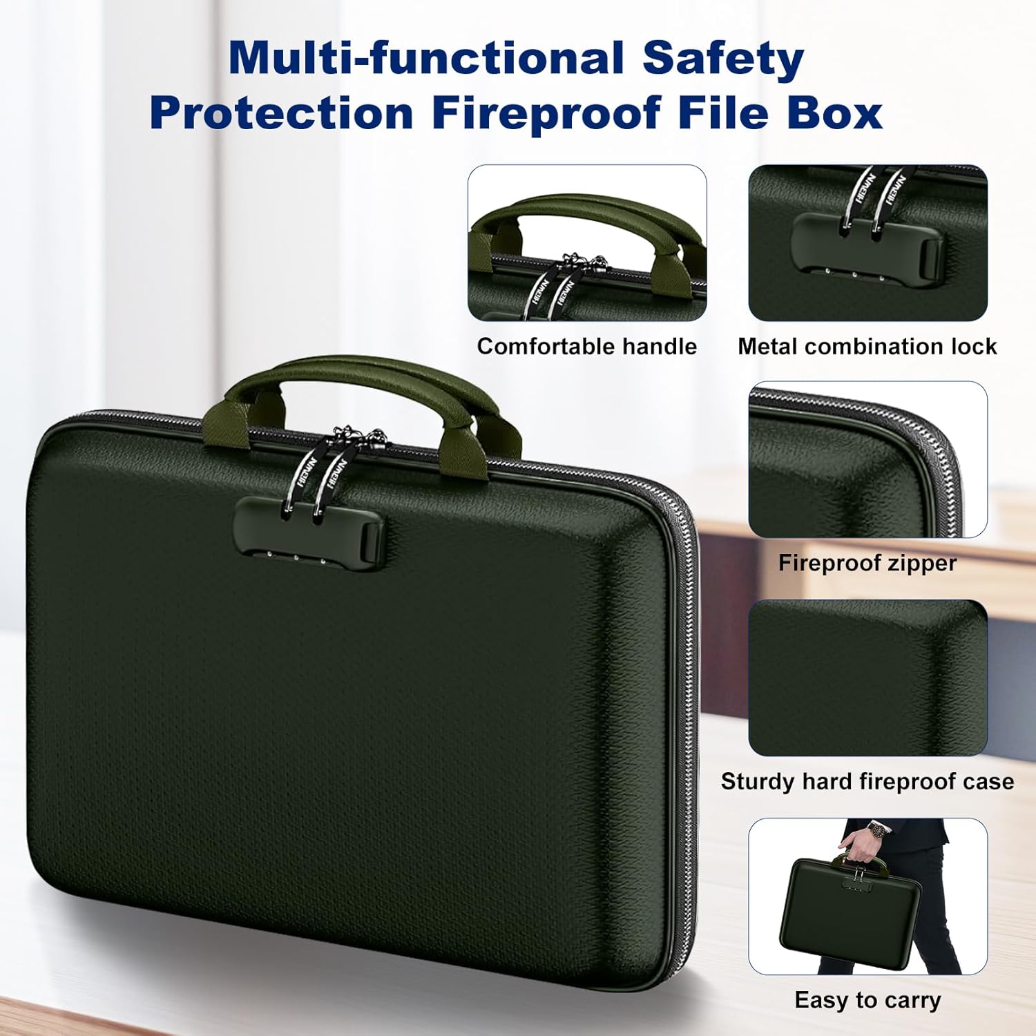 Fireproof Document Box, Hard Case Fireproof File Organizer Box with Lock and 13 Pocket Accordion File Folder, Portable Safe Box for Home Office Travel to Storage Important Documents Laptop Green