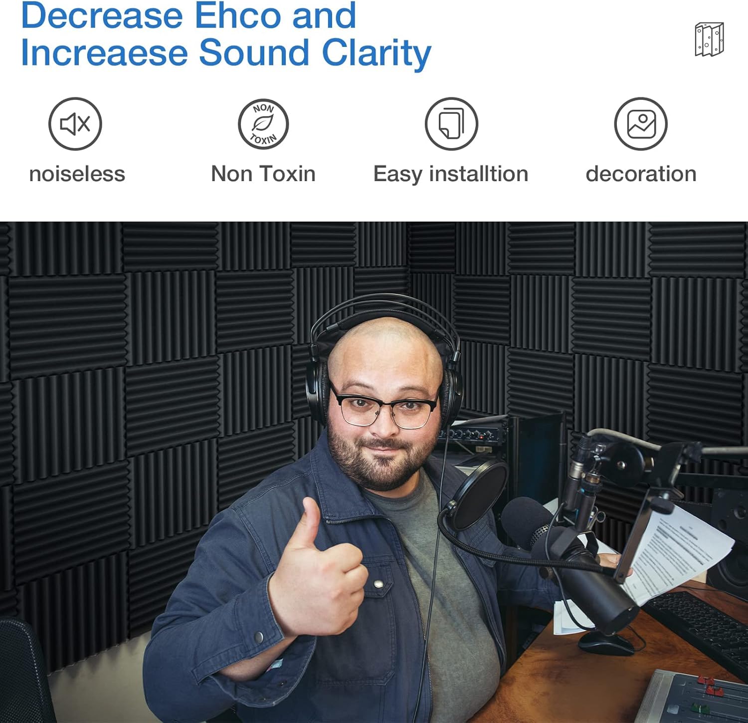 12 Pack Acoustic Panels Self-Adhesive, 1" X 12" X 12" Quick-Recovery Sound Proof Foam Panels, Acoustic Foam Wedges High Density, Soundproof Wall Panels for Home,Studio,Gaming -Black